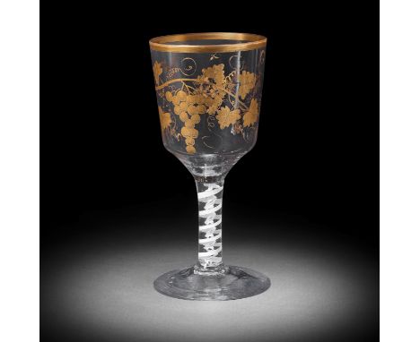 A fine Giles gilded opaque twist goblet, circa 1765Decorated in the London workshop of James Giles, the generous ogee bowl de