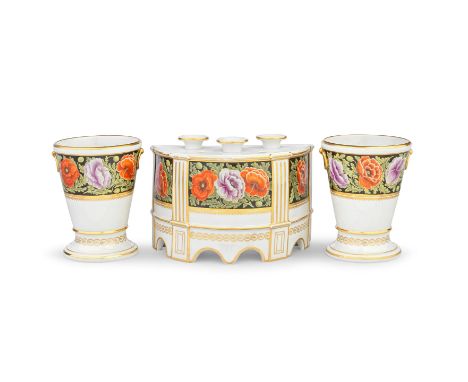 A rare Flight and Barr Worcester garniture, circa 1800Comprising a bough pot and cover and two jardinières with fixed stands 