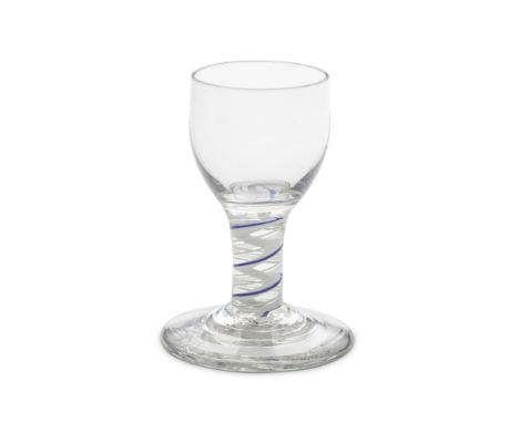A rare blue colour twist firing or dram glass, circa 1770The ovoid bowl set on a double-series stem with an unusual opaque wh
