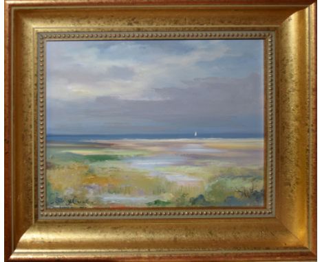 Shirley Carnt, "Thornham Saltings down light", oil on board, signed lower left, 19 x 24cm