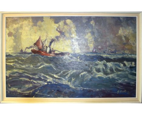 Geoffrey Chatten, Seascape with YH 81 at sea, oil on board, signed lower right, 74 x 120cm