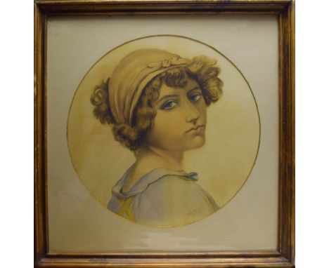 Ella Bavid?, Head and shoulders portrait of a girl, watercolour, indistinctly signed lower right, 34cm diam