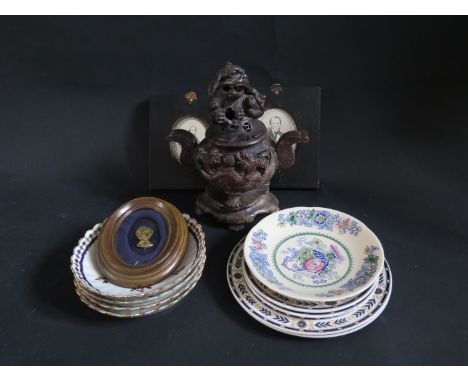 A Set of Four Late Eighteenth Century Saucers, possibly Caughley, two miniatures and Chinese soapstone koro 