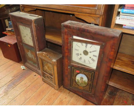 An American Wall Clock, one damaged and two mantle clocks. A/F 