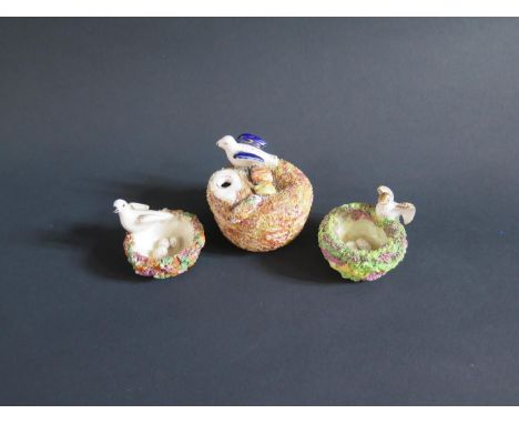 Two Staffordshire Pottery Birds Nests and damaged inkwell 