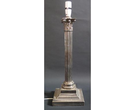 A Large Electroplated Silver Corinthian Column Table Lamp, 49cm to base of fitting 