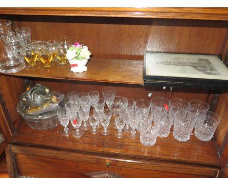 Cut Crystal Water Tumblers, other glass, two pictures, brass bowl on stand, lamp etc. 