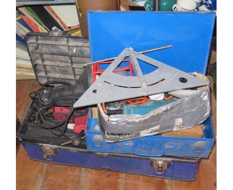 A Tool Chest and Contents of square edges, saws, plane, etc., one other steel tool box with hinges etc., two drills, work lig