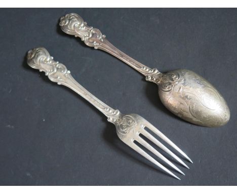 A Victorian Silver Desert Spoon and Fork, the back of the spoon bowl with chased foliate scroll decoration, Sheffield 1846, A