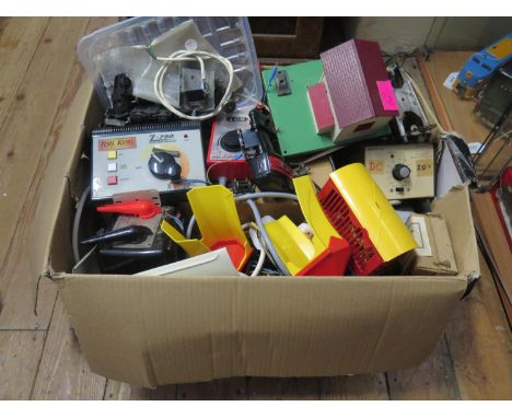 A Box of Model Railway Transformers, OO gauge track and other oddments including MTH Railking and Lehmann. 