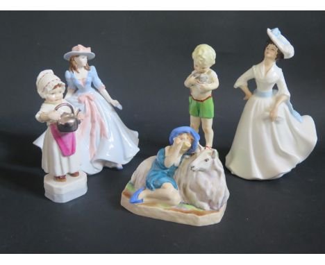 Royal Worcester Friday's Child, Polly Put The Kettle On, Little Boy Blue (hairline to base), Fiona and Royal Doulton Margaret