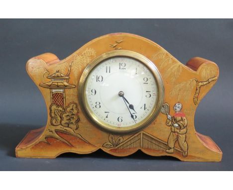 A Japanned Mantle Clock with barrel movement, 25.5cm wide, not running 