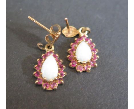 A Pair of 9ct Gold Opal and Ruby Pendant Earrings, 1.2g 