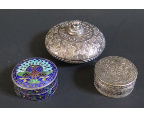 A Squat Foreign Silver Flask with foliate decoration (7.5cm diam.) and two foreign silver boxes, 125g gross 