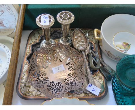 Electroplated Silver Berry Spoons and other flatware, pair of vases and inlaid tray 