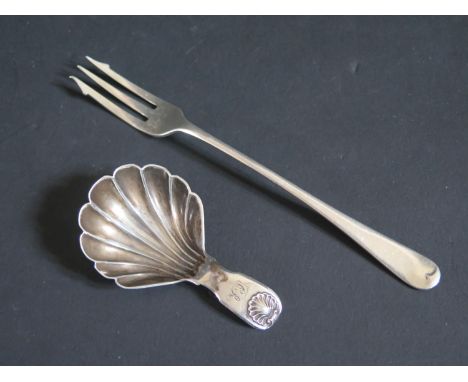 A Victorian Silver Scallop Shaped Caddy Spoon, Newcastle 1857, Reid &amp; Sons and Birmingham pickle fork 