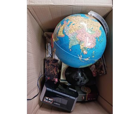 CARTON WITH WORLD GLOBE, SMALL ROBERTS DREAM TIME 2 RADIO, A MAP MEASURER, GLOVES &amp; OTHER BRIC-A-BRAC