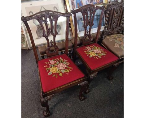 2 TAPESTRY SEATED CARVED DINING CHAIRS A/F