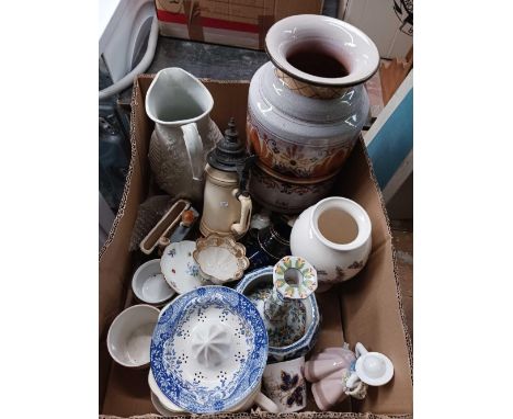 CARTON OF MISC CHINAWARE, VASES, MUGS, CANDLESTICKS, STEIN &amp; A LLADRO FIGURINE