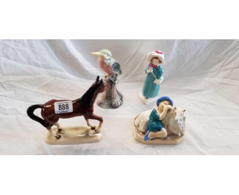 4 PORCELAIN FIGURES, ROYAL WORCESTER 'LITTLE BOY BLUE' A HORSE POSSIBLY BY BESWICK, A SILVAC KINGFISHER NO.700 &amp; A ROYAL 