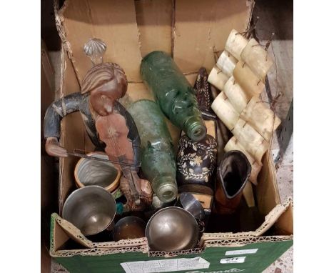 CARTON WITH METAL GOBLETS, 2 CODD BOTTLES &amp; OTHER BRIC-A-BRAC