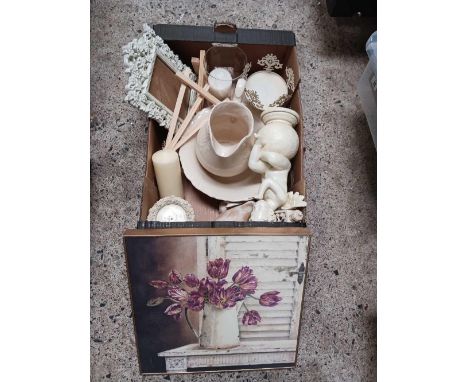 CARTON WITH MISC WHITE CHINAWARE, CANDLE, CANDLE HOLDERS, WASH BASIN &amp; JUG, SMALL STATUE &amp; A PICTURE