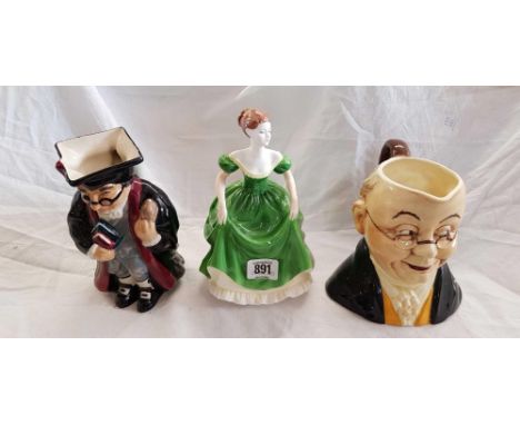 COALPORT FIGURE LADIES OF FASHION 'HEATHER', 2 CHARACTER JUGS 'THE TEACHER' BY RON KIRKHAM, POTTERY &amp; A SILVAC CHARACTER 