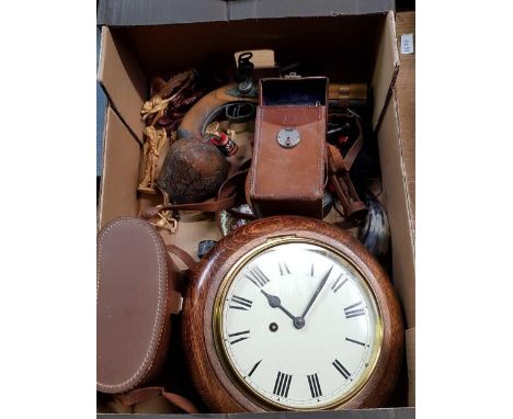 CARTON WITH MISC ITEMS INCL; WALL CLOCK, VINTAGE CORK SCREW, PAIR OF 10 X 50 BINOCULARS IN CASE, VINTAGE KODAK CAMERA IN CASE