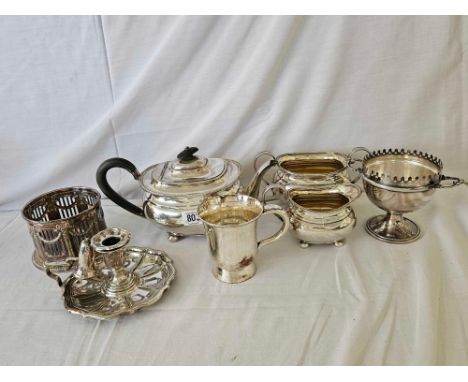 3 PIECE TEA SET &amp; PLATED COASTERS, CHRISTENING MUG ETC