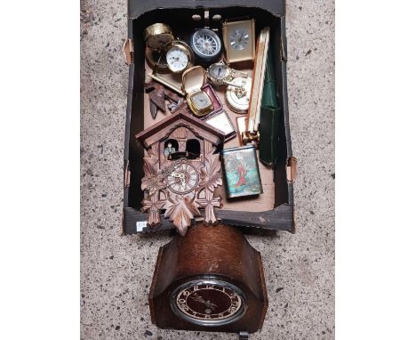 CARTON WITH MISC CHINAWARE INCL; 2 GREEK MODERN TANKARDS, PART CUCKOO CLOCK &amp; OTHER CLOCKS 