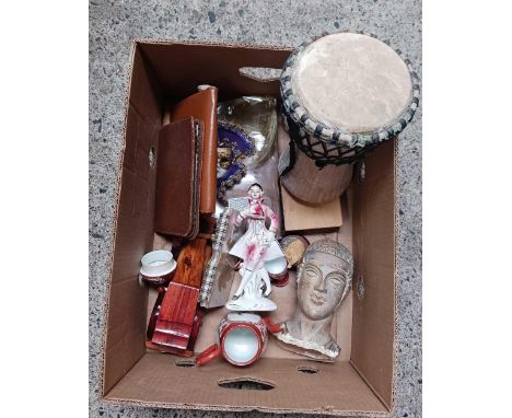 CARTON WITH  AN ETHNIC BONGLE DRUM, CHINA FIGURES, WOODEN CAR, BUST &amp; 2 LEATHER WRITING WALLETS