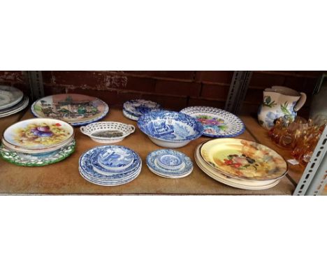 SHELF OF MISC BLUE &amp; WHITE PLATES, SAUCERS &amp; DECORATIVE PLATES BY THE FENTON CHINA COMPANY