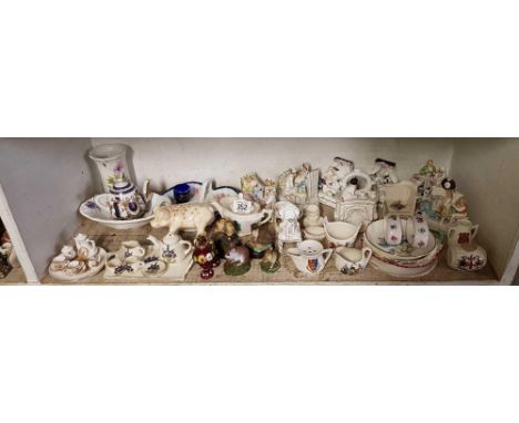 SHELF OF CRESTED WARE, DOLLS, TEA SETS &amp; OTHER CHINAWARE