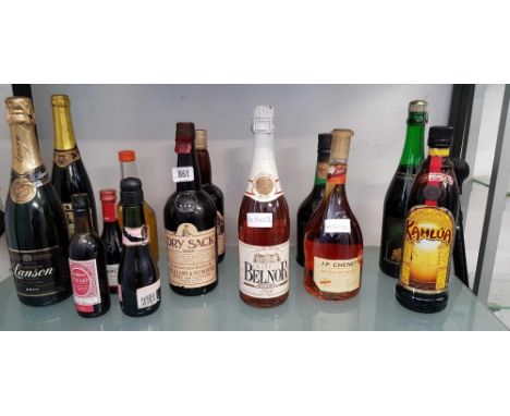 SHELF WITH MISC WINES &amp; SPIRITS INCL; DRY SAC SHERRY, KAHLUA, IRISH MEAD