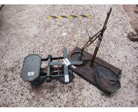 SET OF AVERY WEIGHING SCALES ON HARDWOOD BASE &amp; 1 OTHER