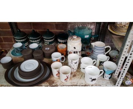 SHELF WITH MISC CHINAWARE CUPS &amp; MUGS INCL; KITCHEN CANISTERS, PLATES &amp; SAUCERS BY HORNSEA&amp; OTHER MAKERS