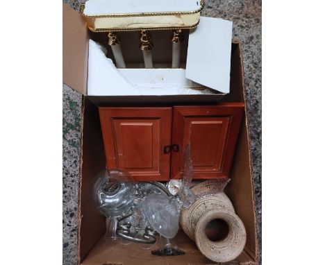 CARTON WITH METAL TRAY WITH SHERRY GLASSES, DECORATIVE WHITE METAL EAGLE, WOODEN STATIONARY BOX &amp; 2 CANDLE HOLDERS