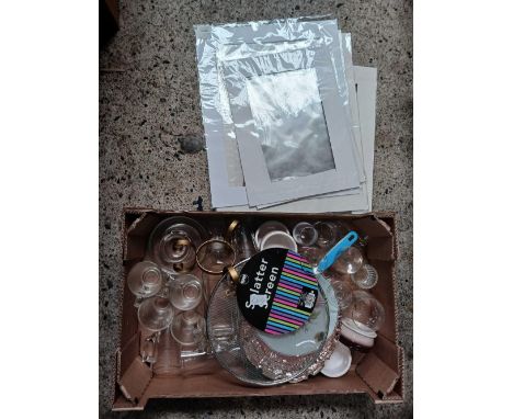 2 CARTONS OF MISC GLASSWARE, STICK-ON EMBELLISHMENTS, RUG MAKING KIT &amp; EMPTY PICTURE SURROUNDS 