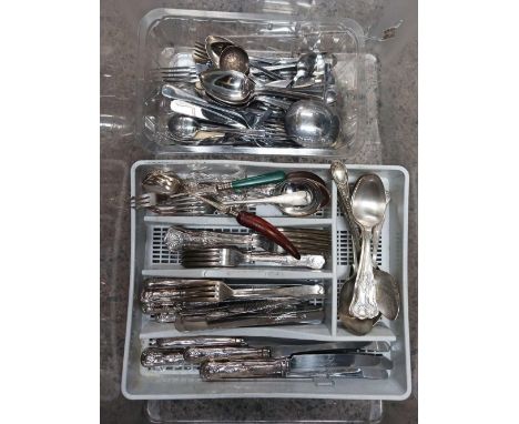 CARTON OF MISC PLATED CUTLERY, TABLEWARE, A BOXED DESSERT SET &amp; 1 OTHER