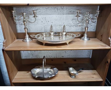 PLATED PAIR OF 3 BRANCH CANDELABRA'S, GALLERY TRAY, SWING HANDLED DISH &amp; OTHER PLATED WARE  