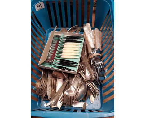 CARTON WITH MISC CUTLERY, SOME WITH M.O.P HANDLES, STAINLESS STEEL LITTLE FORK SET &amp; OTHER CUTLERY