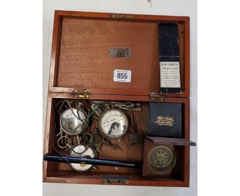 WOODEN BOX WITH VINTAGE VOLT METER, CIGAR PIERCER &amp; OTHER BRASS &amp; METAL ITEMS