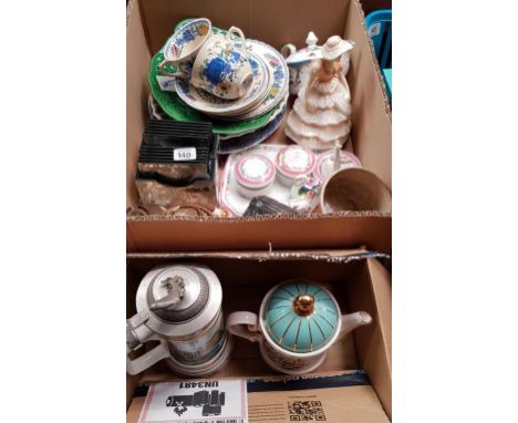 2 CARTONS, 1 WITH A FLY FISHING STEIN &amp; A SADDLER FISHING TEA POT, MASON'S CUPS &amp; SAUCERS, PLATES, DRESSING TABLE SET