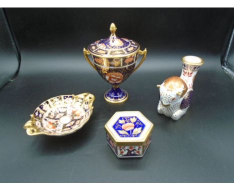 Royal Crown Derby Imari pattern 2451 trinket dish, pattern 1298 lidded trinket box, mythical beasts bull candlestick holder a