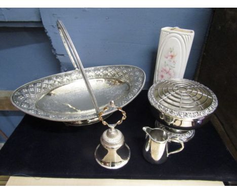 Silver plated table basket, bell, rose bowl and jug plus a ceramic wall vase