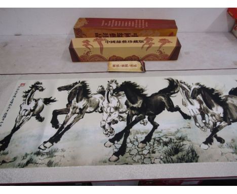 Chinese silk of horses on a scroll in gift box and bag