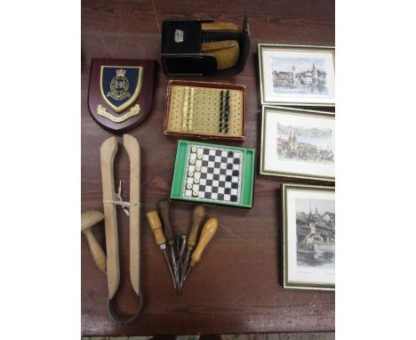 Royal horse artillery plaque, rag rug tools, vintage games, brushes etc