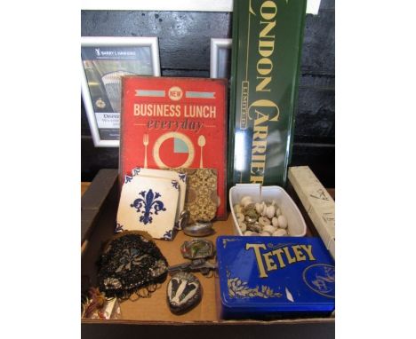 Collectors lot -vintage tiles, 2 belt buckles- a salmon and a gun, vintage beaded bag, 2 signs, table lighter etc etc