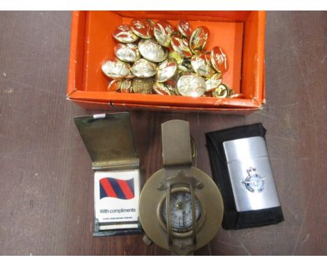 1940 army sighting brass compass, military buttons, RAF lighter and vesta case