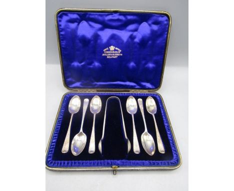 A boxed silver hallmarked teaspoon and tong set - London 1898/99 by Josiah Williams &amp; Co (George M Jackson &amp; David L 